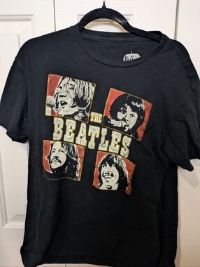 The Beatles Black Short Sleeve Tee with Red and Gold Portrait Panels